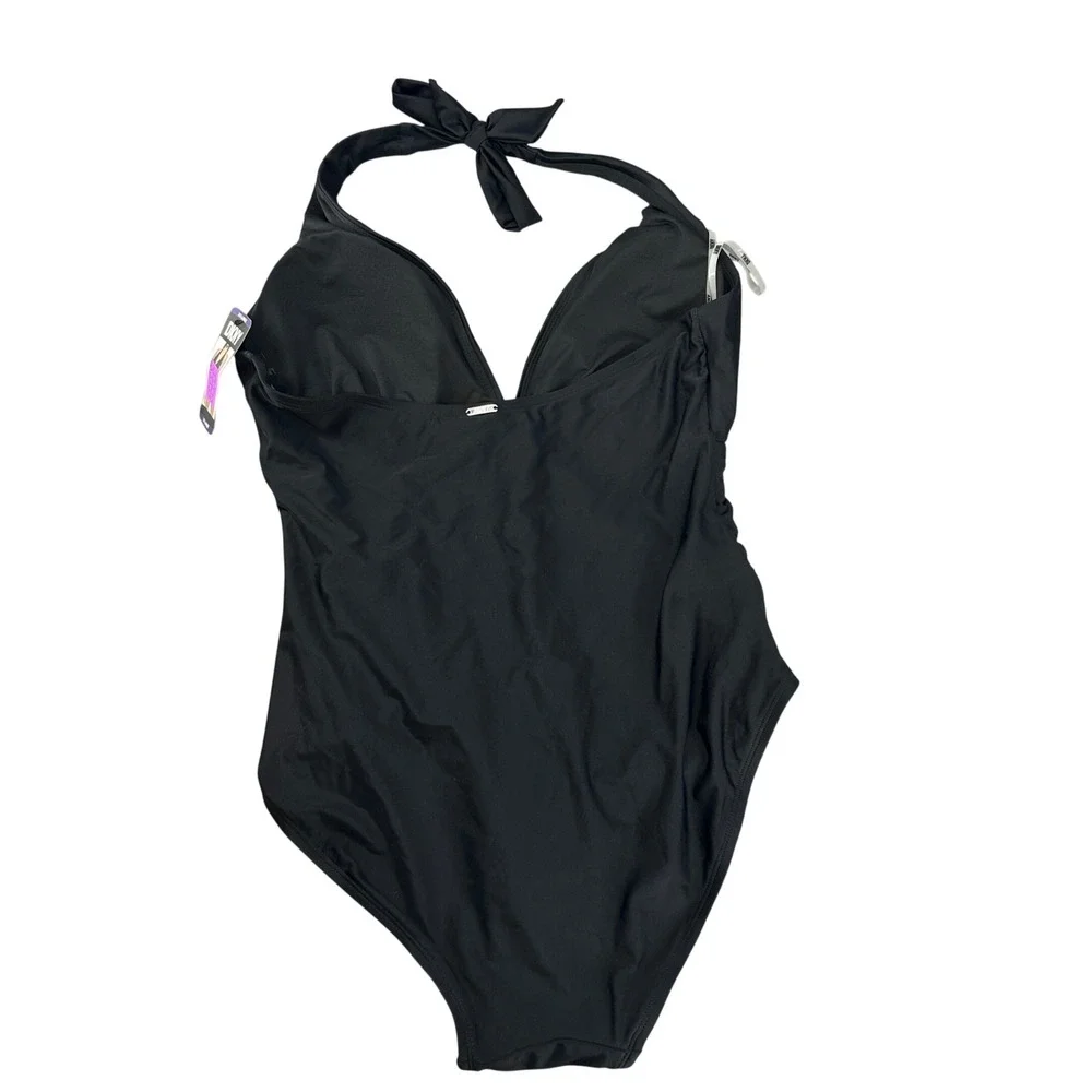DKNY Black Tummy Control Halter One Piece Swimsuit XXL NWT Minimalist. Padded - Picture 4 of 9